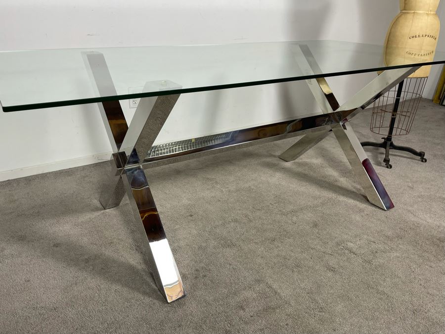 Modernist Contemporary Chrome X-Base Dining Table / Desk With Glass Top 78W X 38D X 29.5H (HE) [Photo 7]