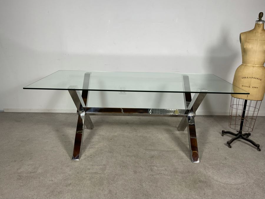 Modernist Contemporary Chrome X-Base Dining Table / Desk With Glass Top 78W X 38D X 29.5H (HE) [Photo 2]