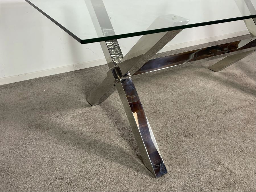 Modernist Contemporary Chrome X-Base Dining Table / Desk With Glass Top 78W X 38D X 29.5H (HE) [Photo 16]