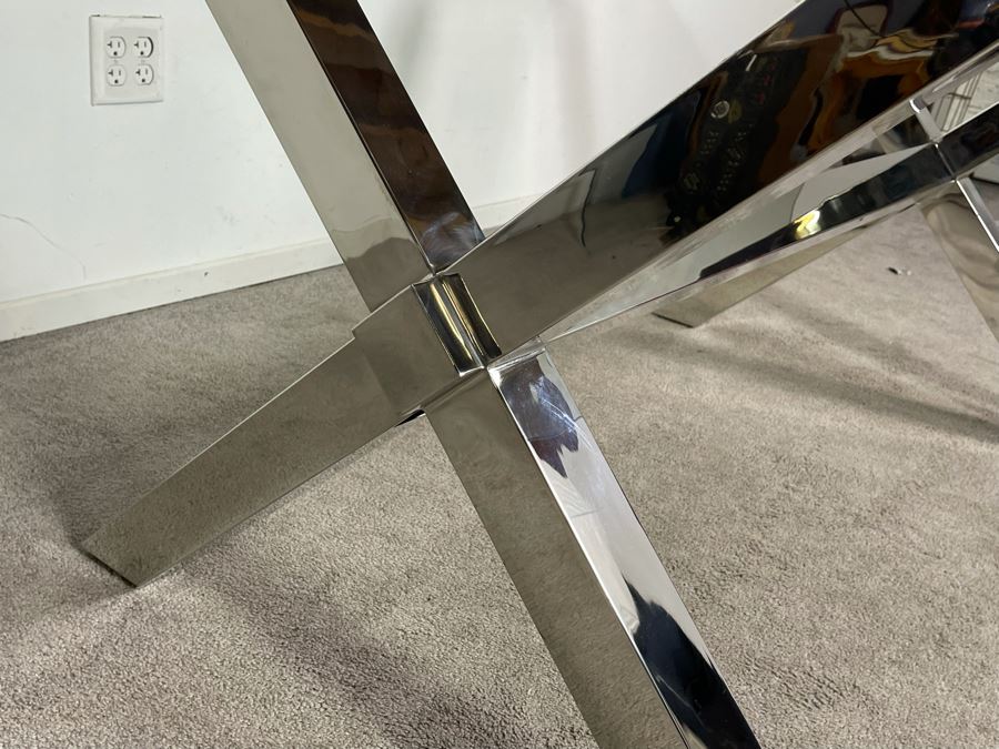 Modernist Contemporary Chrome X-Base Dining Table / Desk With Glass Top 78W X 38D X 29.5H (HE) [Photo 15]
