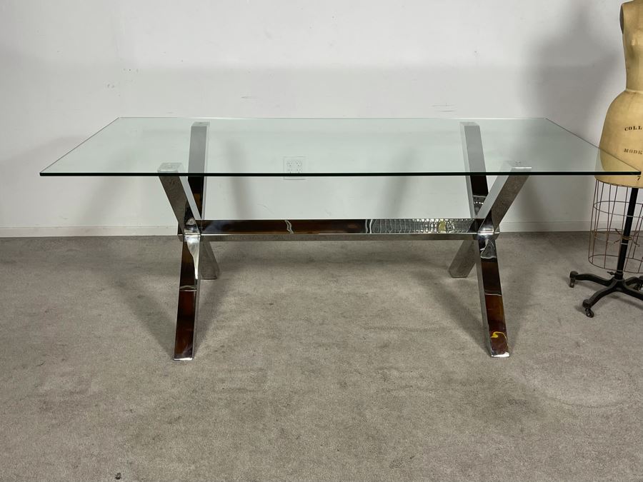 Modernist Contemporary Chrome X-Base Dining Table / Desk With Glass Top 78W X 38D X 29.5H (HE) [Photo 10]