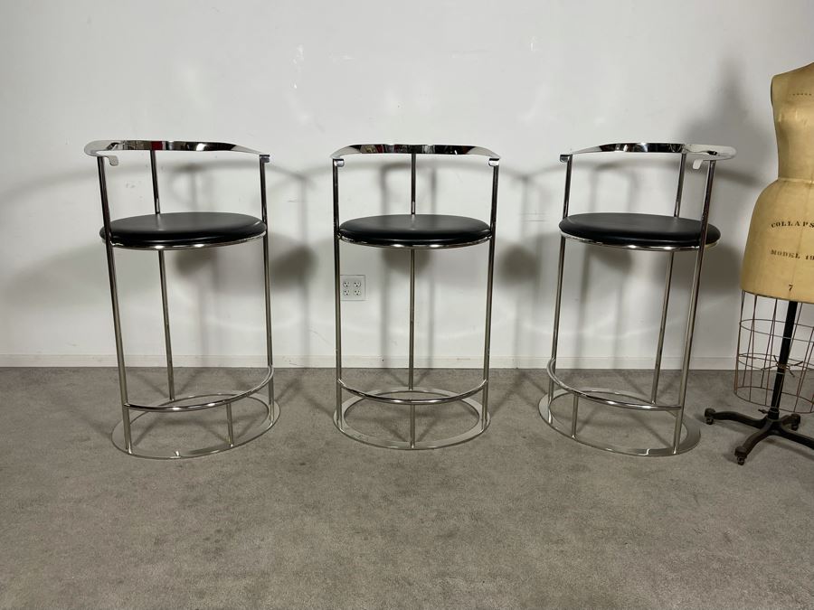(3) Interlude Home High-End Modernist Chrome Frame With Leather Seat Bar Stools 23.5W X 21D X 41H (30H Seat) (HE) Retails $6,000+ [Photo 4]