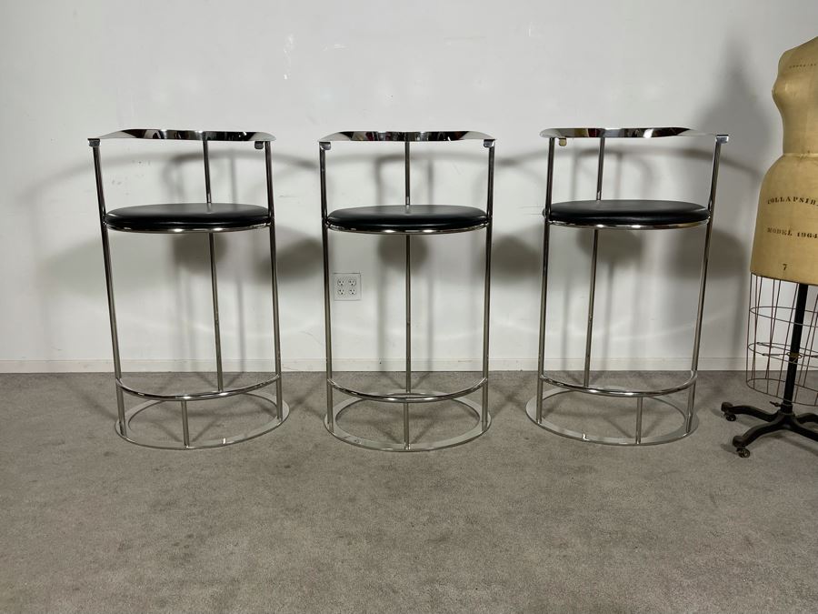 (3) Interlude Home High-End Modernist Chrome Frame With Leather Seat Bar Stools 23.5W X 21D X 41H (30H Seat) (HE) Retails $6,000+ [Photo 6]