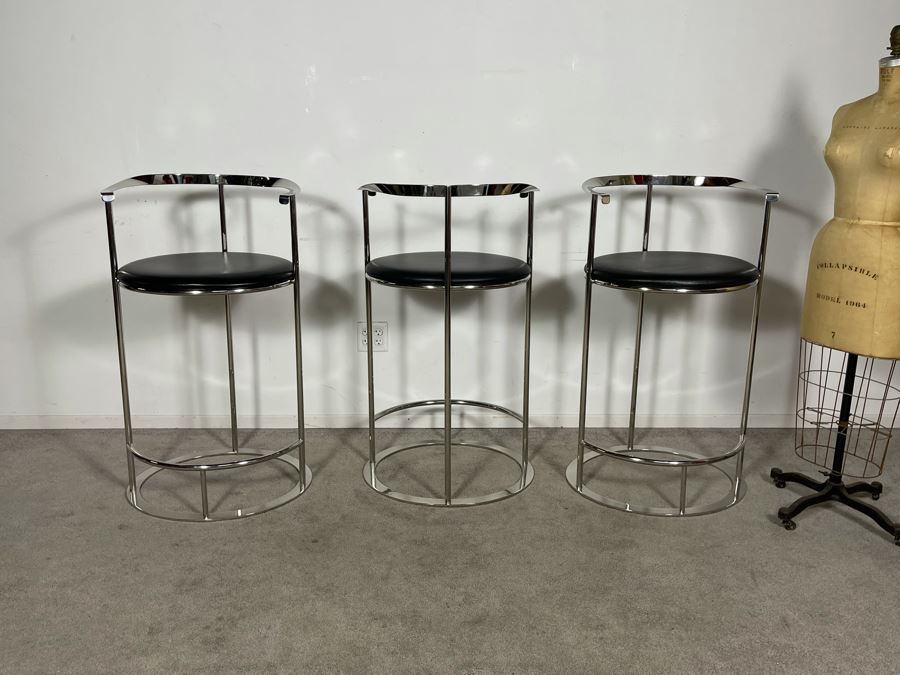 (3) Interlude Home High-End Modernist Chrome Frame With Leather Seat Bar Stools 23.5W X 21D X 41H (30H Seat) (HE) Retails $6,000+ [Photo 11]