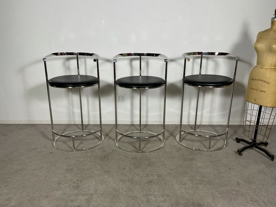 (3) Interlude Home High-End Modernist Chrome Frame With Leather Seat Bar Stools 23.5W X 21D X 41H (30H Seat) (HE) Retails $6,000+ [Photo 5]