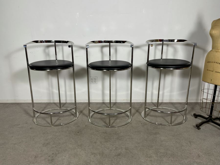 (3) Interlude Home High-End Modernist Chrome Frame With Leather Seat Bar Stools 23.5W X 21D X 41H (30H Seat) (HE) Retails $6,000+ [Photo 7]