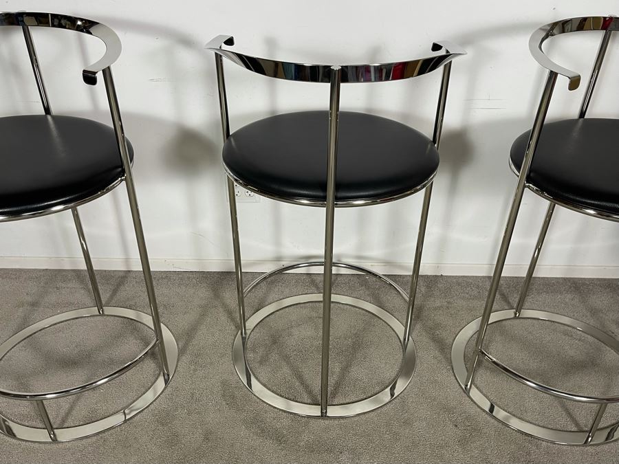 (3) Interlude Home High-End Modernist Chrome Frame With Leather Seat Bar Stools 23.5W X 21D X 41H (30H Seat) (HE) Retails $6,000+ [Photo 12]