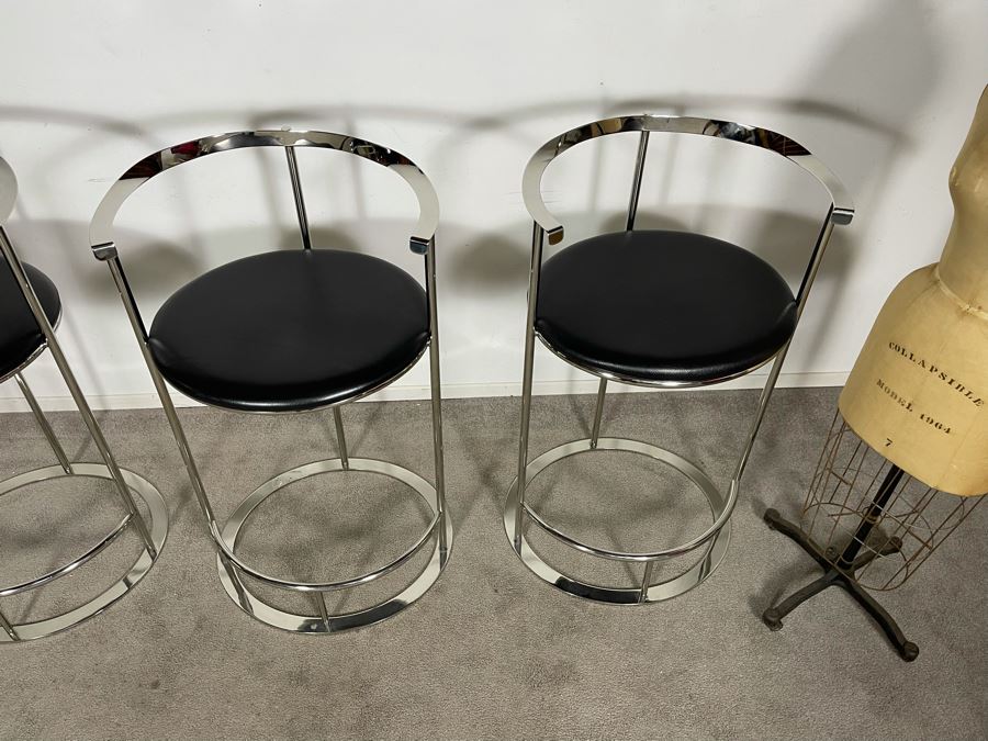 (3) Interlude Home High-End Modernist Chrome Frame With Leather Seat Bar Stools 23.5W X 21D X 41H (30H Seat) (HE) Retails $6,000+ [Photo 8]