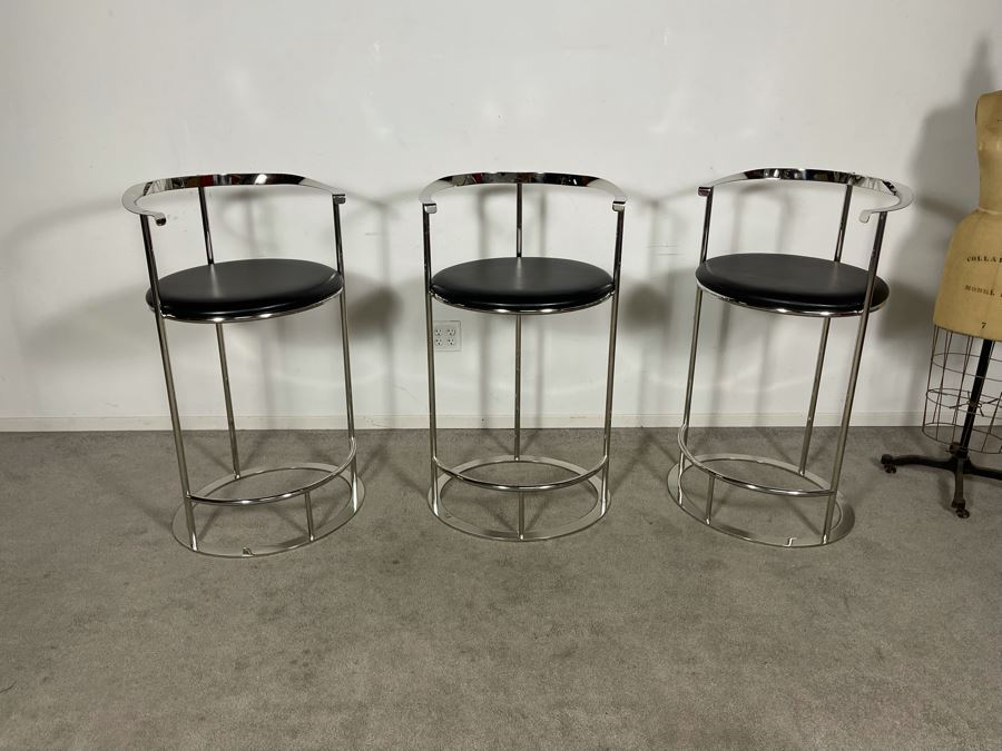 (3) Interlude Home High-End Modernist Chrome Frame With Leather Seat Bar Stools 23.5W X 21D X 41H (30H Seat) (HE) Retails $6,000+ [Photo 2]