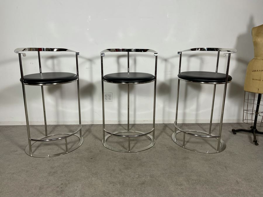 (3) Interlude Home High-End Modernist Chrome Frame With Leather Seat Bar Stools 23.5W X 21D X 41H (30H Seat) (HE) Retails $6,000+ [Photo 3]