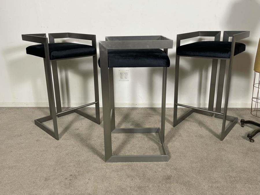 (3) Modern Contemporary Upholstered Counter Height Bar Stools With Brushed Steel Frames 18W X 18D X 34H (30H Seat) (HE) [Photo 8]