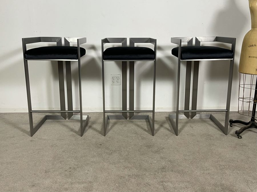 (3) Modern Contemporary Upholstered Counter Height Bar Stools With Brushed Steel Frames 18W X 18D X 34H (30H Seat) (HE) [Photo 3]