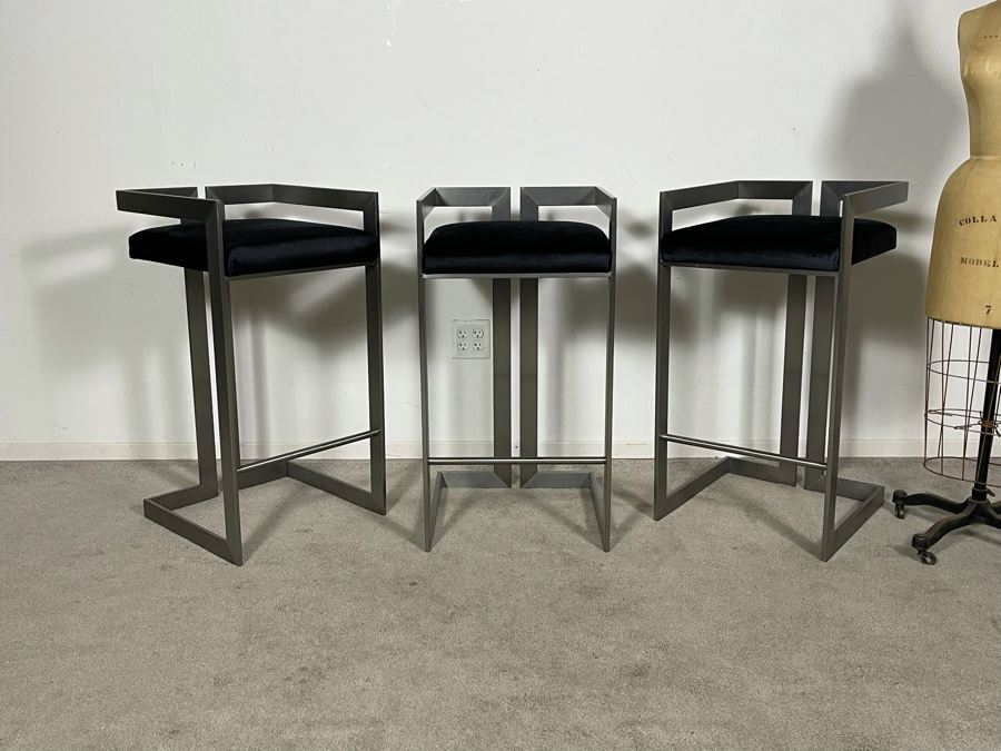 (3) Modern Contemporary Upholstered Counter Height Bar Stools With Brushed Steel Frames 18W X 18D X 34H (30H Seat) (HE) [Photo 5]