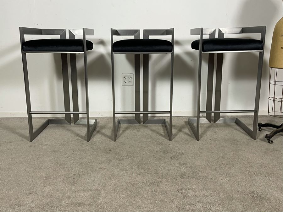 (3) Modern Contemporary Upholstered Counter Height Bar Stools With Brushed Steel Frames 18W X 18D X 34H (30H Seat) (HE)