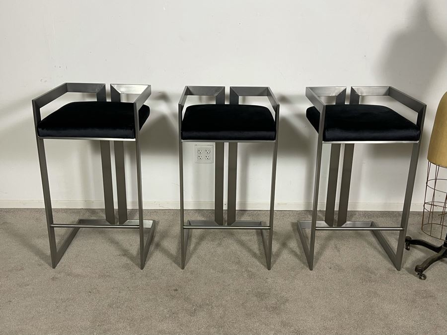 (3) Modern Contemporary Upholstered Counter Height Bar Stools With Brushed Steel Frames 18W X 18D X 34H (30H Seat) (HE) [Photo 2]