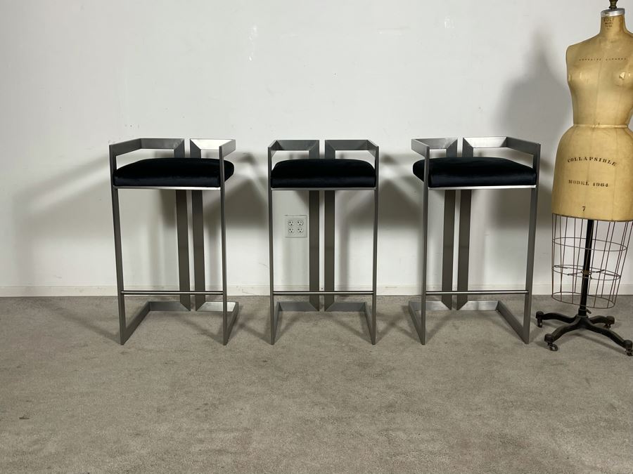 (3) Modern Contemporary Upholstered Counter Height Bar Stools With Brushed Steel Frames 18W X 18D X 34H (30H Seat) (HE) [Photo 4]