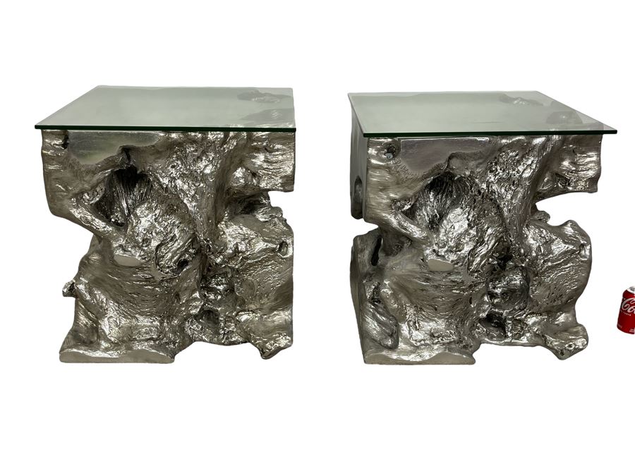 Pair Of Silver Sequoia End Tables Molded Out Of Resin With Glass Tops From Z Gallerie 22W X 22D X 22H (HE) Retails $1,600