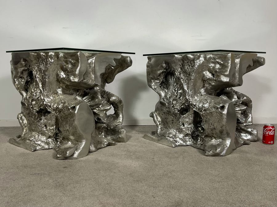 Pair Of Silver Sequoia End Tables Molded Out Of Resin With Glass Tops From Z Gallerie 22W X 22D X 22H (HE) Retails $1,600 [Photo 7]