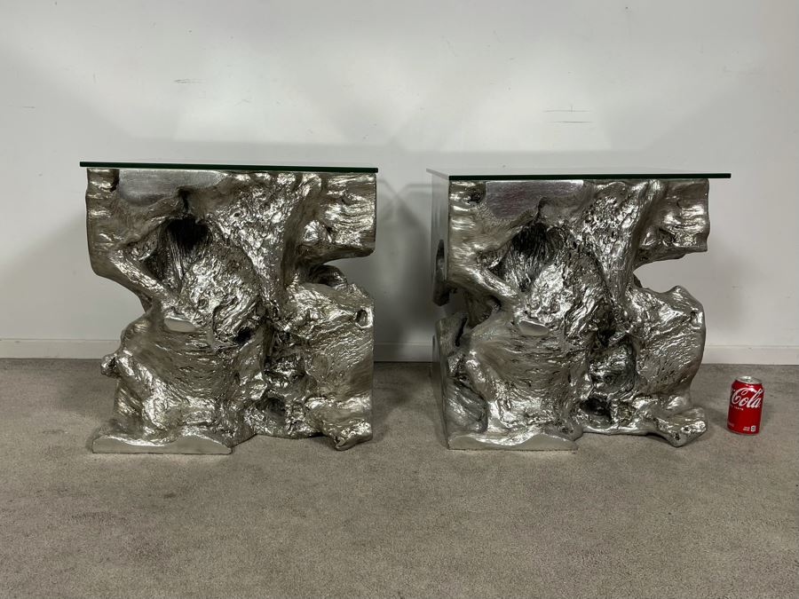 Pair Of Silver Sequoia End Tables Molded Out Of Resin With Glass Tops From Z Gallerie 22W X 22D X 22H (HE) Retails $1,600 [Photo 5]