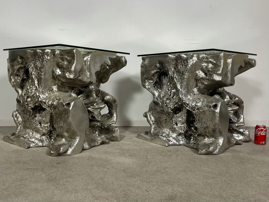 Pair Of Silver Sequoia End Tables Molded Out Of Resin With Glass Tops From Z Gallerie 22W X 22D X 22H (HE) Retails $1,600 [Photo 8]