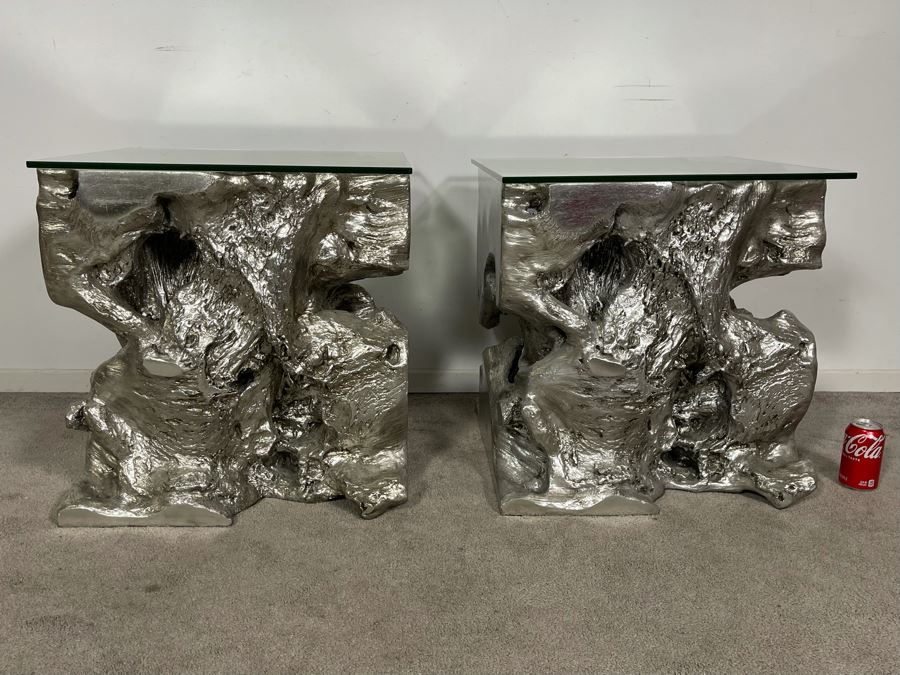 Pair Of Silver Sequoia End Tables Molded Out Of Resin With Glass Tops From Z Gallerie 22W X 22D