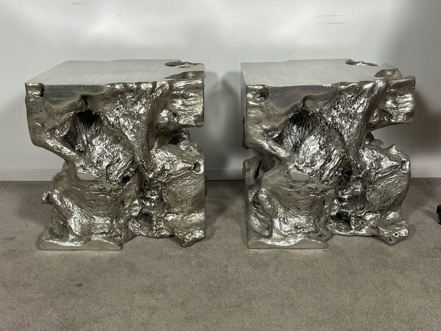Pair Of Silver Sequoia End Tables Molded Out Of Resin With Glass Tops From Z Gallerie 22W X 22D X 22H (HE) Retails $1,600 [Photo 2]