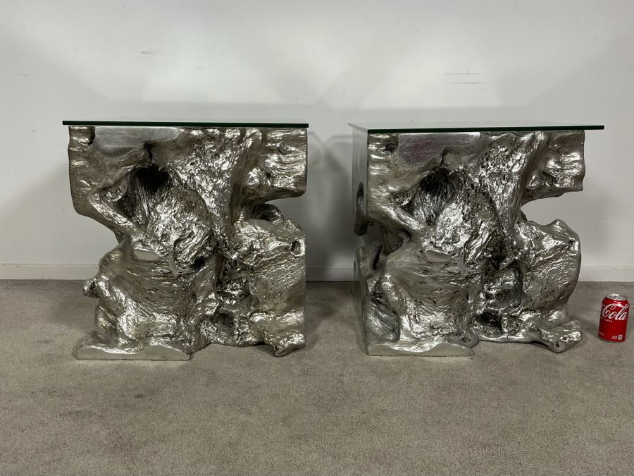 Pair Of Silver Sequoia End Tables Molded Out Of Resin With Glass Tops From Z Gallerie 22W X 22D X 22H (HE) Retails $1,600 [Photo 4]