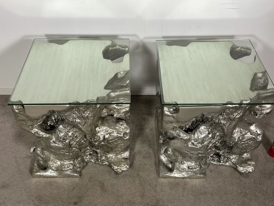 Pair Of Silver Sequoia End Tables Molded Out Of Resin With Glass Tops From Z Gallerie 22W X 22D