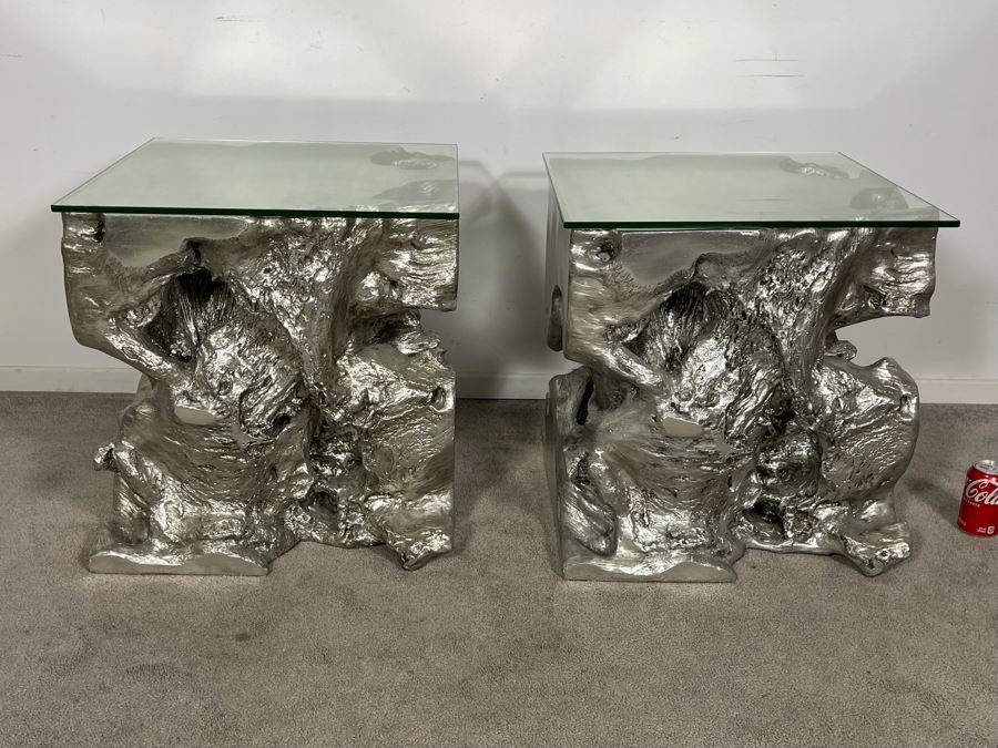 Pair Of Silver Sequoia End Tables Molded Out Of Resin With Glass Tops From Z Gallerie 22W X 22D X 22H (HE) Retails $1,600 [Photo 10]