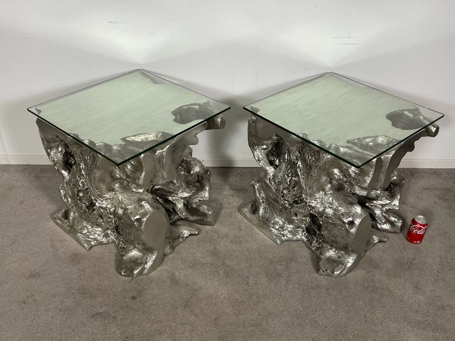 Pair Of Silver Sequoia End Tables Molded Out Of Resin With Glass Tops From Z Gallerie 22W X 22D