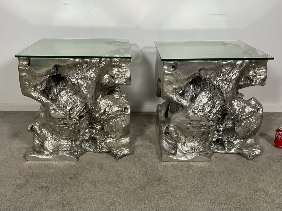 Pair Of Silver Sequoia End Tables Molded Out Of Resin With Glass Tops From Z Gallerie 22W X 22D X 22H (HE) Retails $1,600 [Photo 12]