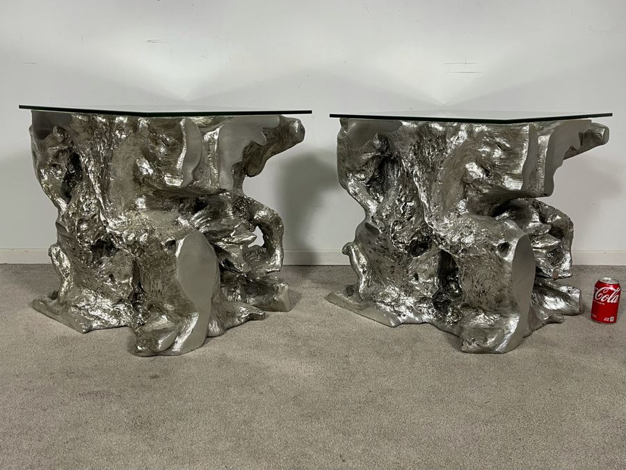 Pair Of Silver Sequoia End Tables Molded Out Of Resin With Glass Tops From Z Gallerie 22W X 22D X 22H (HE) Retails $1,600 [Photo 6]