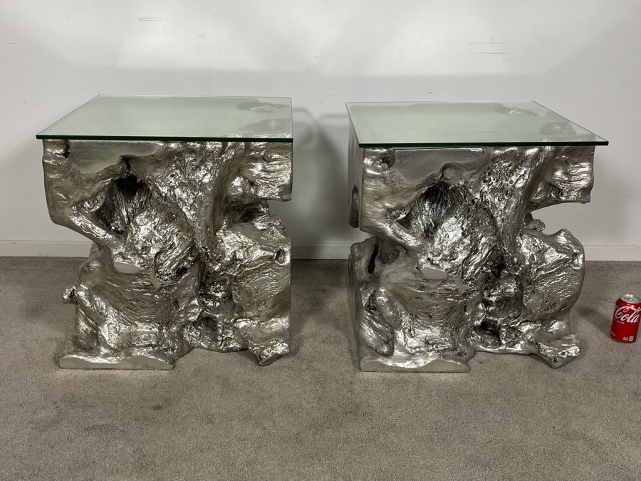 Pair Of Silver Sequoia End Tables Molded Out Of Resin With Glass Tops From Z Gallerie 22W X 22D