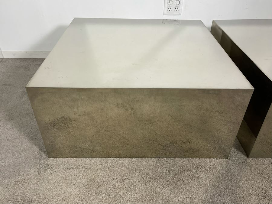 Pair Of Polished Mirror Finish Sheet Metal Side Tables With Glass Top Very Heavy 30W X 30D X 14H (HE) [Photo 5]