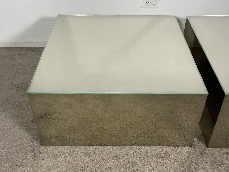 Pair Of Polished Mirror Finish Sheet Metal Side Tables With Glass Top Very Heavy 30W X 30D X 14H (HE) [Photo 12]
