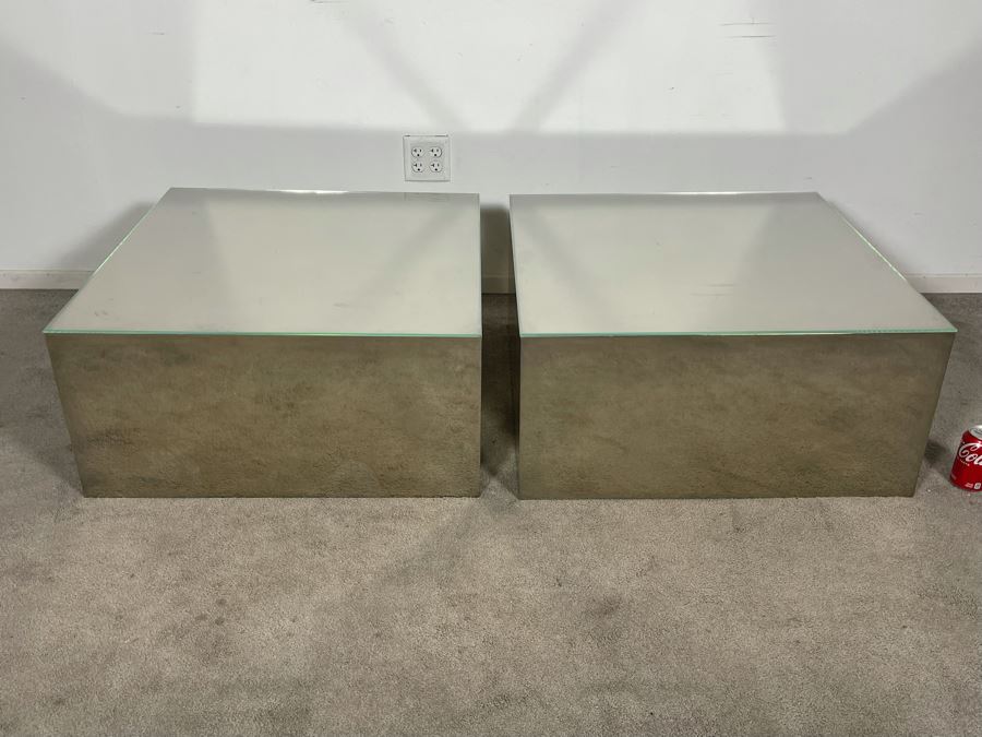 Pair Of Polished Mirror Finish Sheet Metal Side Tables With Glass Top Very Heavy 30W X 30D X 14H (HE) [Photo 10]