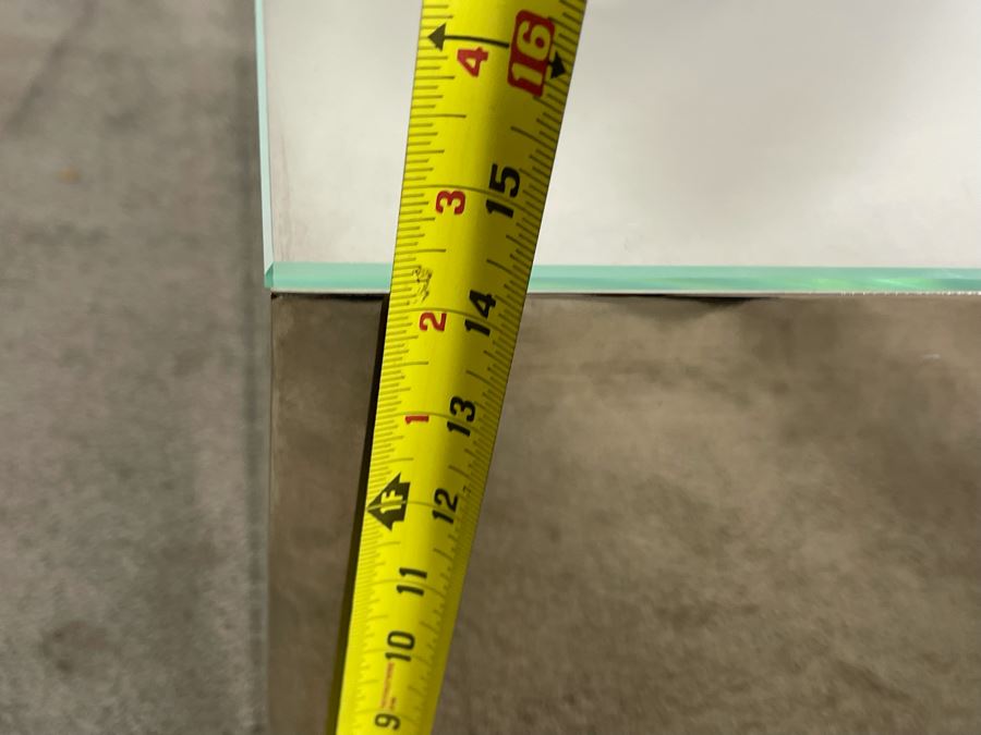 Pair Of Polished Mirror Finish Sheet Metal Side Tables With Glass Top Very Heavy 30W X 30D X 14H (HE) [Photo 15]