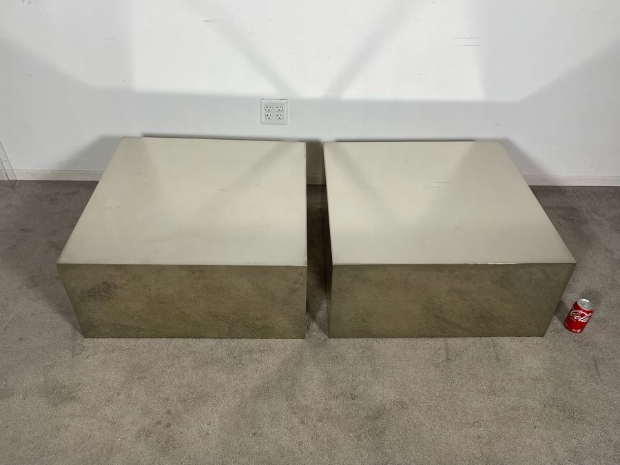Pair Of Polished Mirror Finish Sheet Metal Side Tables With Glass Top Very Heavy 30W X 30D X 14H (HE) [Photo 4]