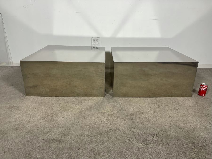 Pair Of Polished Mirror Finish Sheet Metal Side Tables With Glass Top Very Heavy 30W X 30D X 14H (HE) [Photo 2]