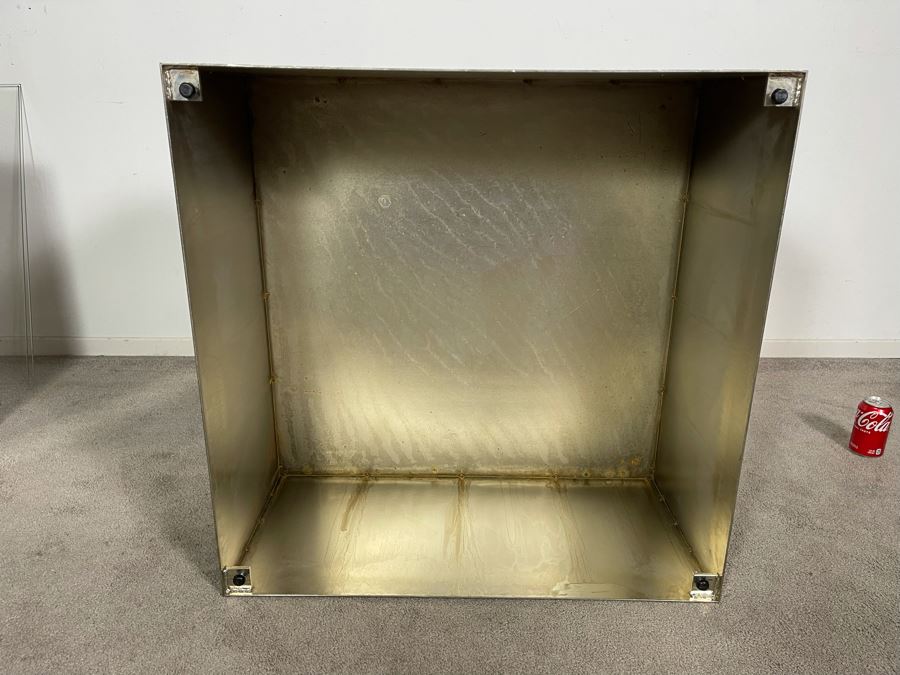 Pair Of Polished Mirror Finish Sheet Metal Side Tables With Glass Top Very Heavy 30W X 30D X 14H (HE) [Photo 16]