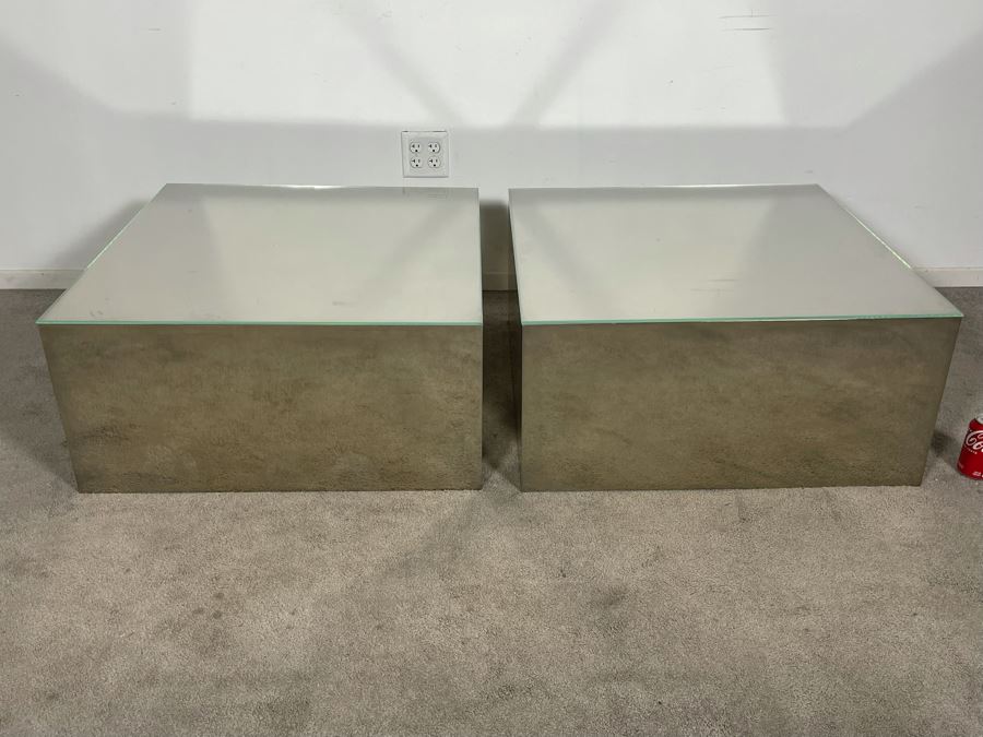 Pair Of Polished Mirror Finish Sheet Metal Side Tables With Glass Top Very Heavy 30W X 30D X 14H (HE) [Photo 11]
