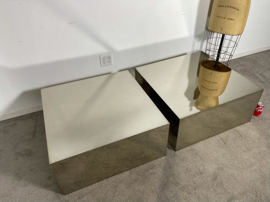 Pair Of Polished Mirror Finish Sheet Metal Side Tables With Glass Top Very Heavy 30W X 30D X 14H (HE) [Photo 9]