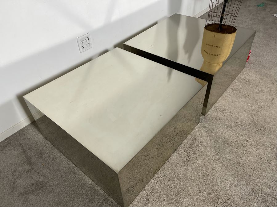 Pair Of Polished Mirror Finish Sheet Metal Side Tables With Glass Top Very Heavy 30W X 30D X 14H (HE) [Photo 8]