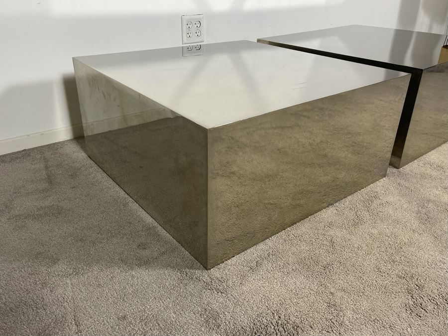 Pair Of Polished Mirror Finish Sheet Metal Side Tables With Glass Top Very Heavy 30W X 30D X 14H (HE) [Photo 6]