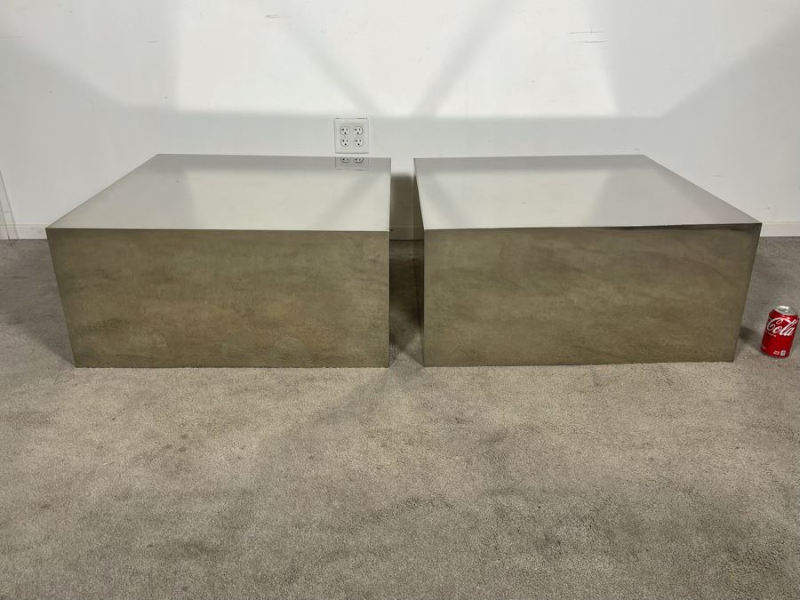 Pair Of Polished Mirror Finish Sheet Metal Side Tables With Glass Top Very Heavy 30W X 30D X 14H (HE) [Photo 3]