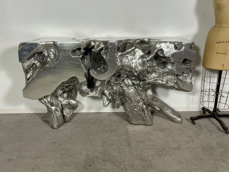 Silver Sequoia Console Table Molded Out Of Resin From Z Gallerie 58W X 14D X 33H (HE) Retails $1,500 [Photo 3]