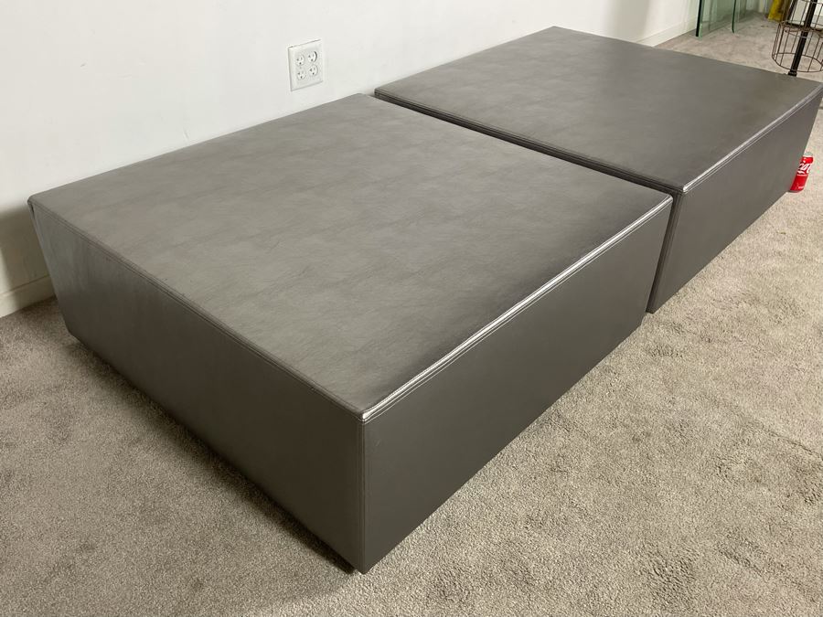 Pair Of Faux Leather Silver Coffee Ottomans / Coffee Tables 36W X 36D X 15H (HE) [Photo 6]