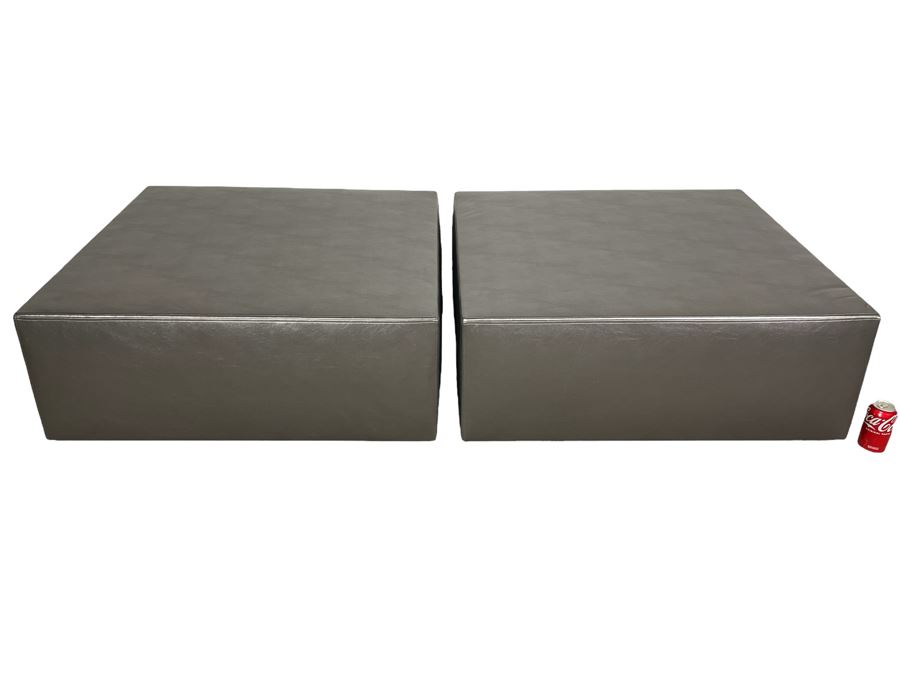 Pair Of Faux Leather Silver Coffee Ottomans / Coffee Tables 36W X 36D X 15H (HE)
