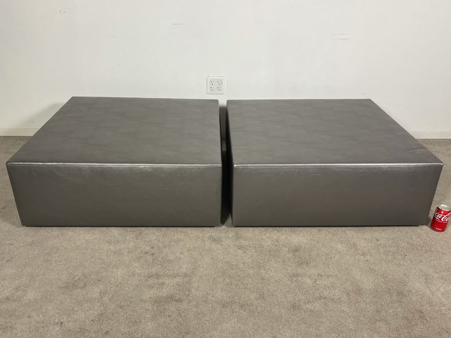 Pair Of Faux Leather Silver Coffee Ottomans / Coffee Tables 36W X 36D X 15H (HE) [Photo 3]