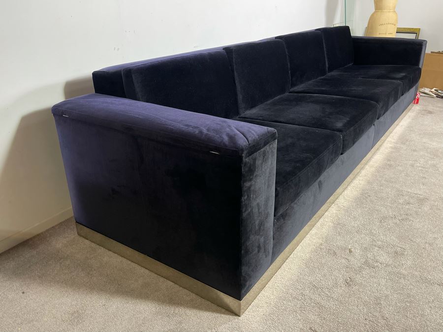 Modernist Long Sofa With Wooden Chrome Finish Base - Armrests Open Up For Storage And Electrical (Depending On The Light It's Black Or Deep Navy) 11.5'L X 38'D X 30'H (HE) [Photo 7]